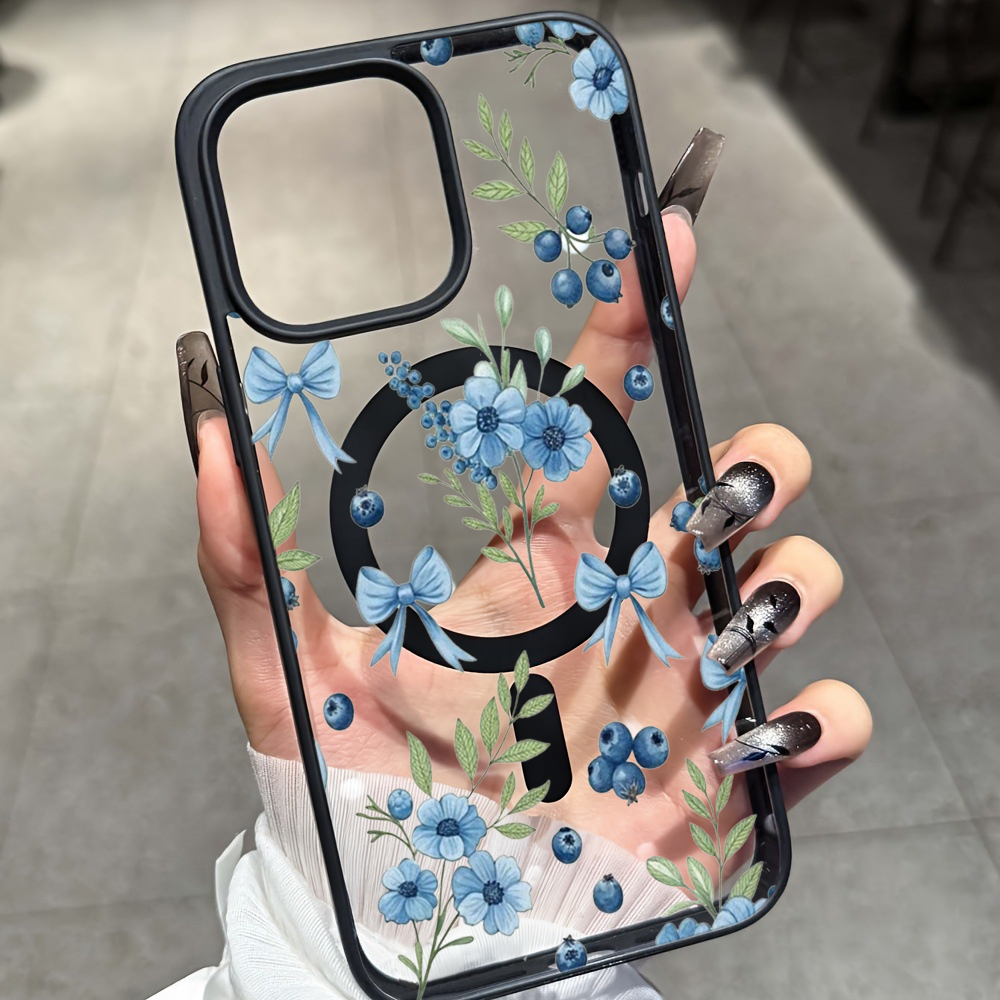Clear Magsafe Case - Casing Bening Motif Bunga Blueberry untuk